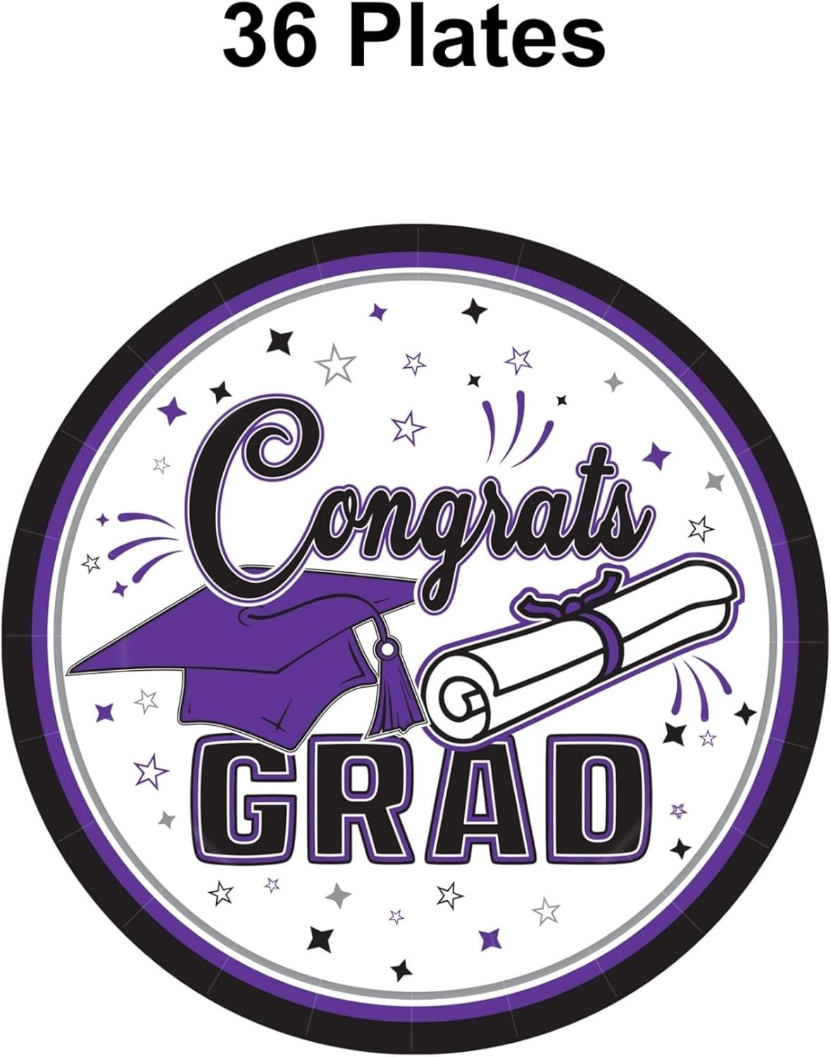 image:imageBeistle Purple Congrats Grad Paper Plates 36 Pack Graduation Disposable Party Tableware with Cap and Diploma Design Round Dinner Plates for Commencement Celebrations and Graduate Parties 7Purple Black White Gray