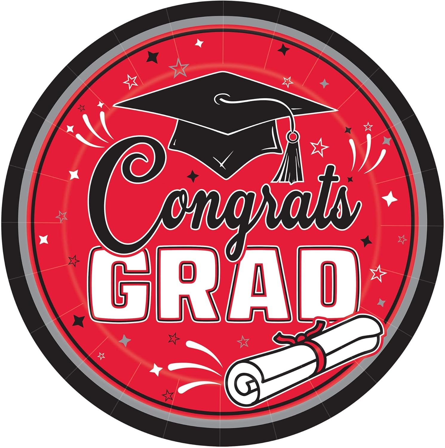image:imageBeistle Red Congrats Grad Paper Plates 36 Pack Graduation Disposable Party Tableware with Cap and Diploma Design Round Dinner Plates for Commencement Celebrations and Graduate Parties 7Red Black White Gray
