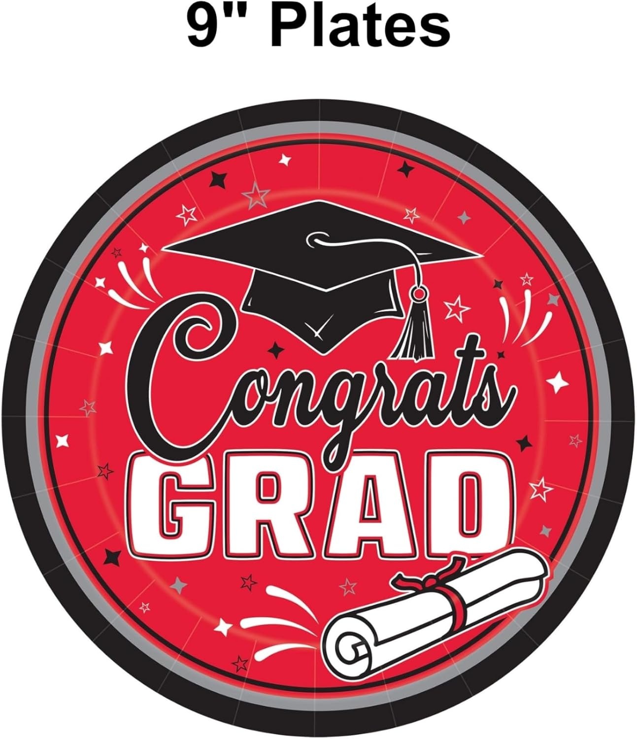 image:imageBeistle Red Congrats Grad Paper Plates 36 Pack Graduation Disposable Party Tableware with Cap and Diploma Design Round Dinner Plates for Commencement Celebrations and Graduate Parties 7Red Black White Gray
