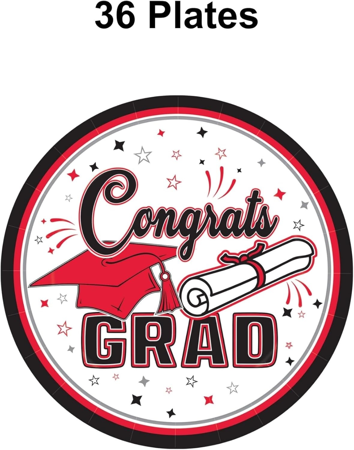 image:imageBeistle Red Congrats Grad Paper Plates 36 Pack Graduation Disposable Party Tableware with Cap and Diploma Design Round Dinner Plates for Commencement Celebrations and Graduate Parties 7Red Black White Gray
