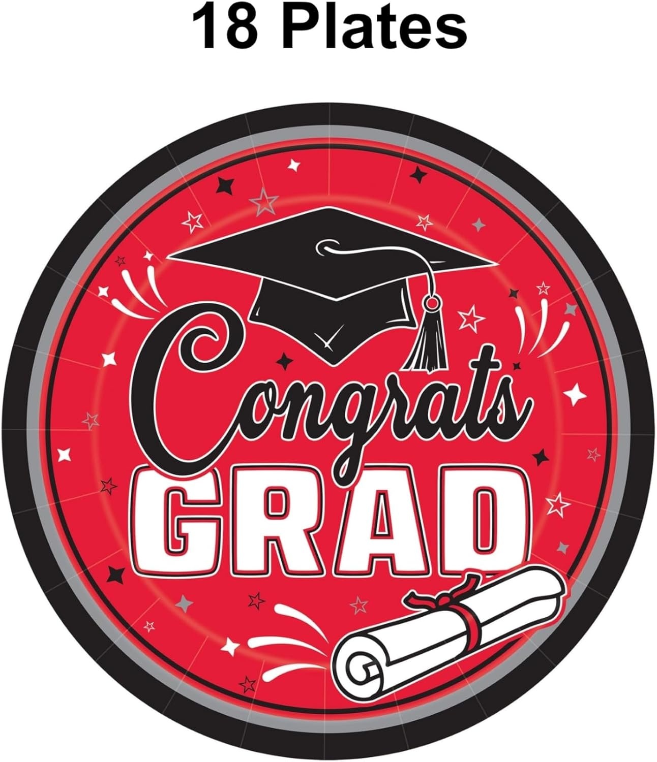 image:imageBeistle Red Congrats Grad Paper Plates 36 Pack Graduation Disposable Party Tableware with Cap and Diploma Design Round Dinner Plates for Commencement Celebrations and Graduate Parties 7Red Black White Gray