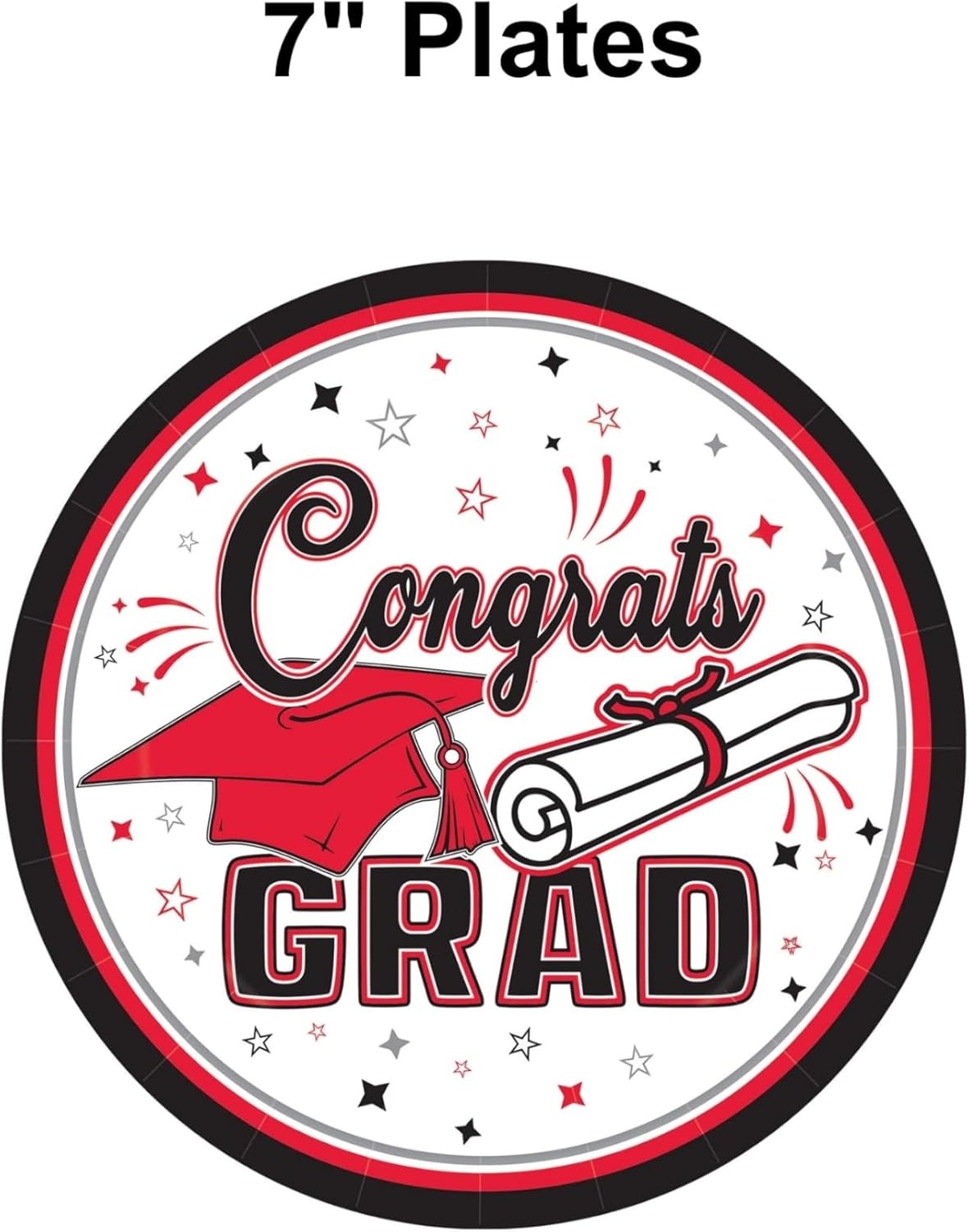 image:imageBeistle Red Congrats Grad Paper Plates 36 Pack Graduation Disposable Party Tableware with Cap and Diploma Design Round Dinner Plates for Commencement Celebrations and Graduate Parties 7Red Black White Gray