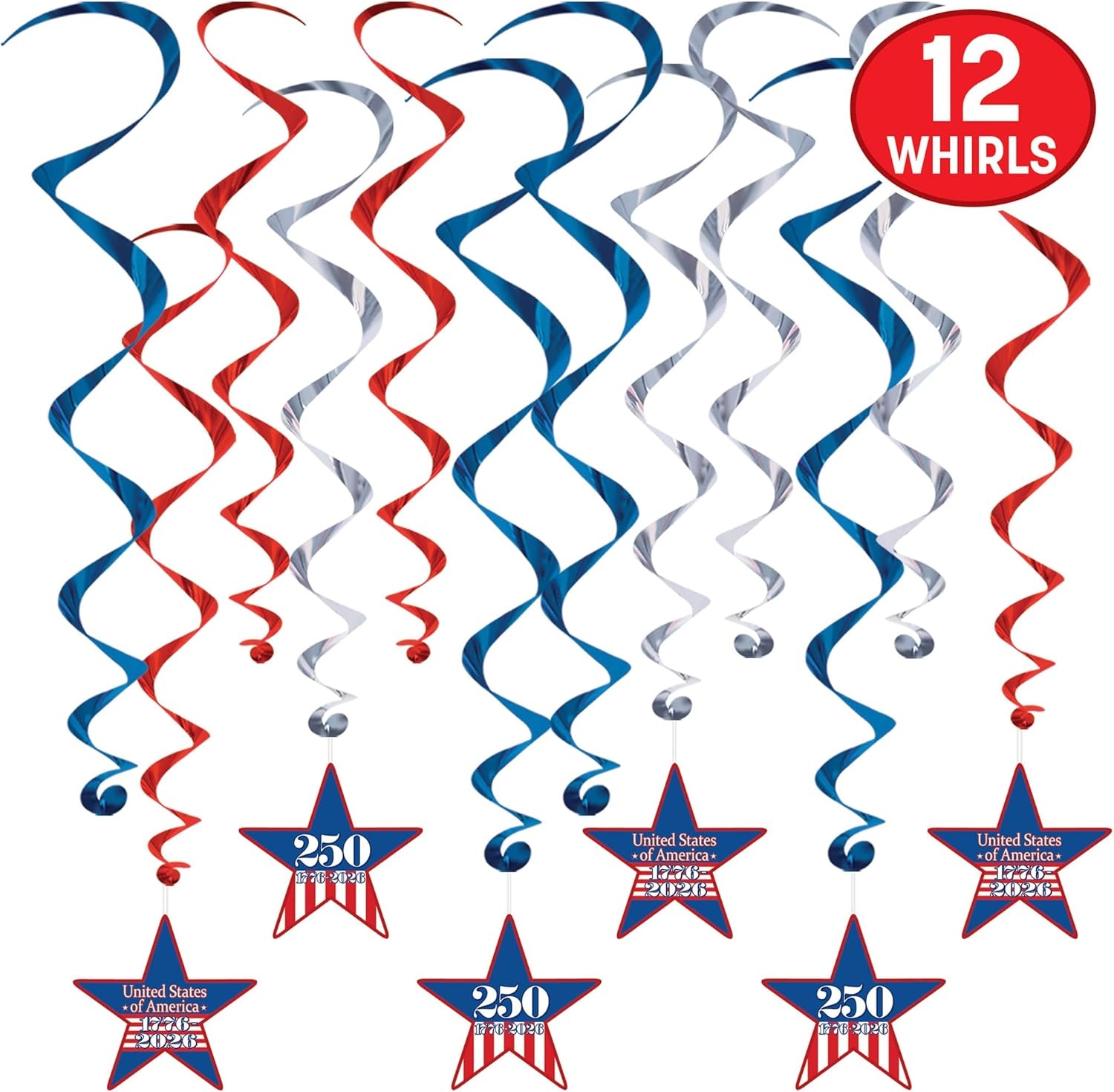 image:imageBeistle Semiquincentennial Whirls 12 Pack Red White amp Blue Hanging Swirl Decorations with 250th Anniversary Star Icons Patriotic Ceiling Dcor for USA 17762026 Parties amp Celebrations 1526