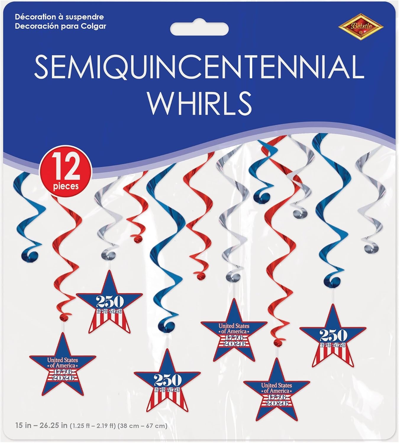 image:imageBeistle Semiquincentennial Whirls 12 Pack Red White amp Blue Hanging Swirl Decorations with 250th Anniversary Star Icons Patriotic Ceiling Dcor for USA 17762026 Parties amp Celebrations 1526