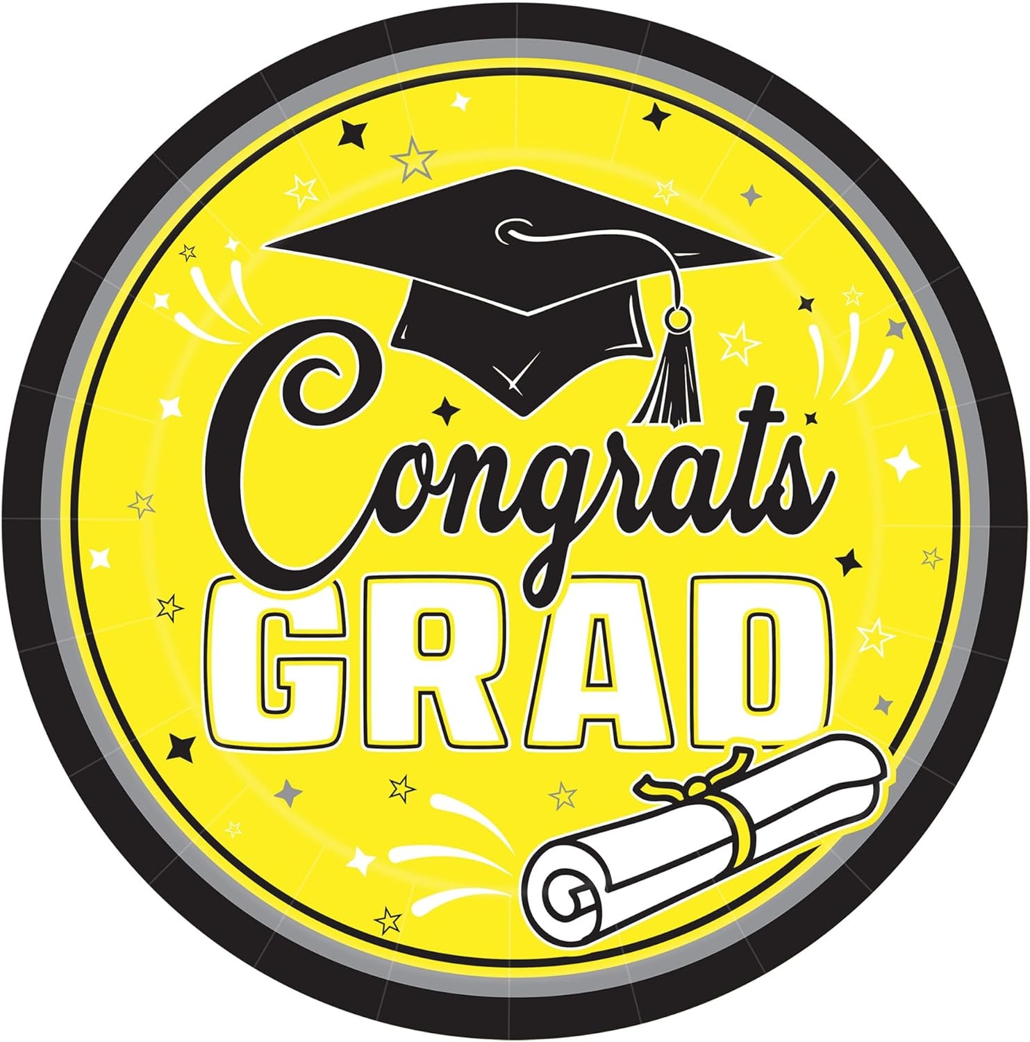 image:imageBeistle Yellow Congrats Grad Paper Plates 36 Pack Graduation Disposable Party Tableware with Cap and Diploma Design Round Dinner Plates for Commencement Celebrations and Graduate Parties 7Yellow Black White Gray