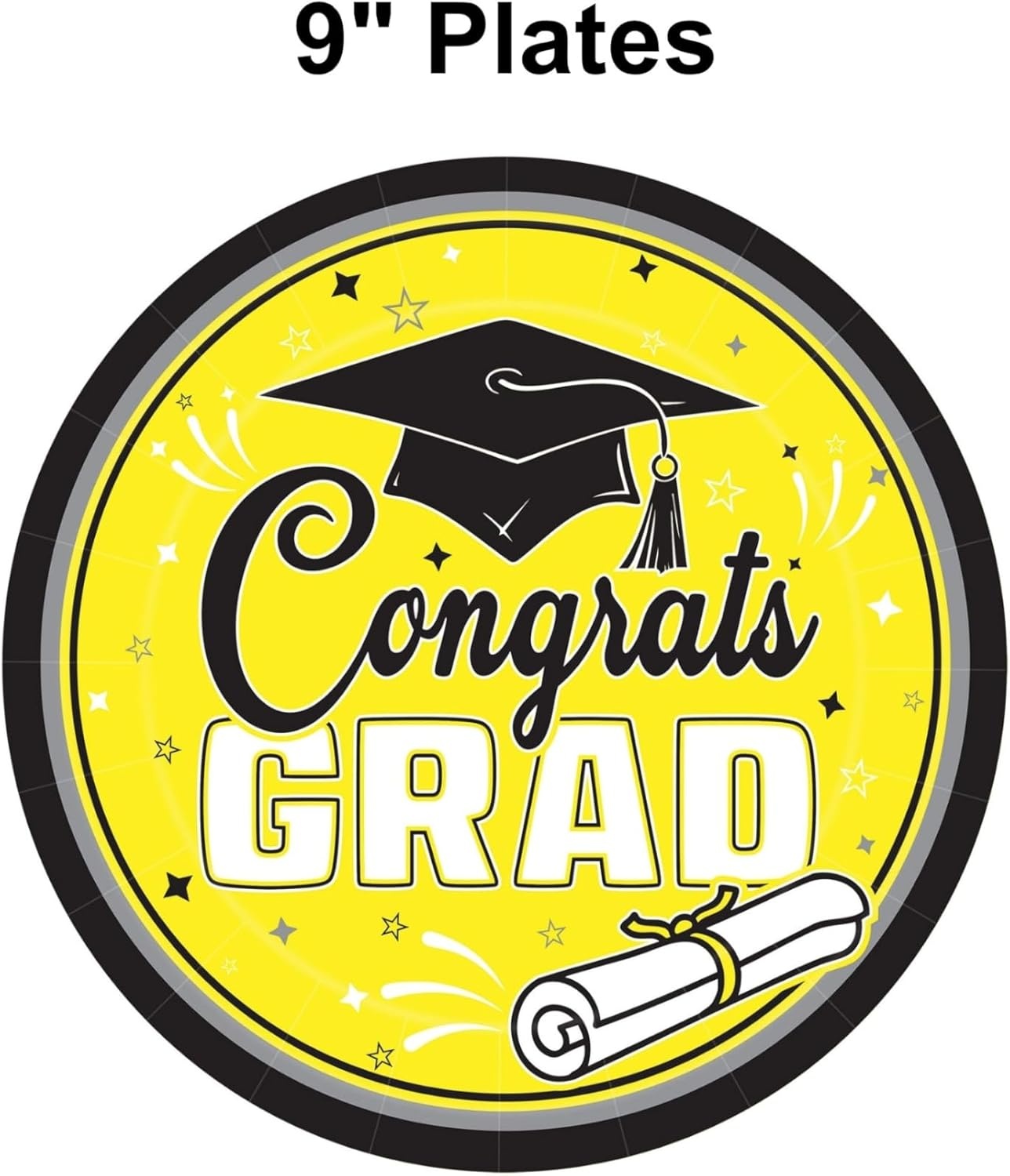 image:imageBeistle Yellow Congrats Grad Paper Plates 36 Pack Graduation Disposable Party Tableware with Cap and Diploma Design Round Dinner Plates for Commencement Celebrations and Graduate Parties 7Yellow Black White Gray