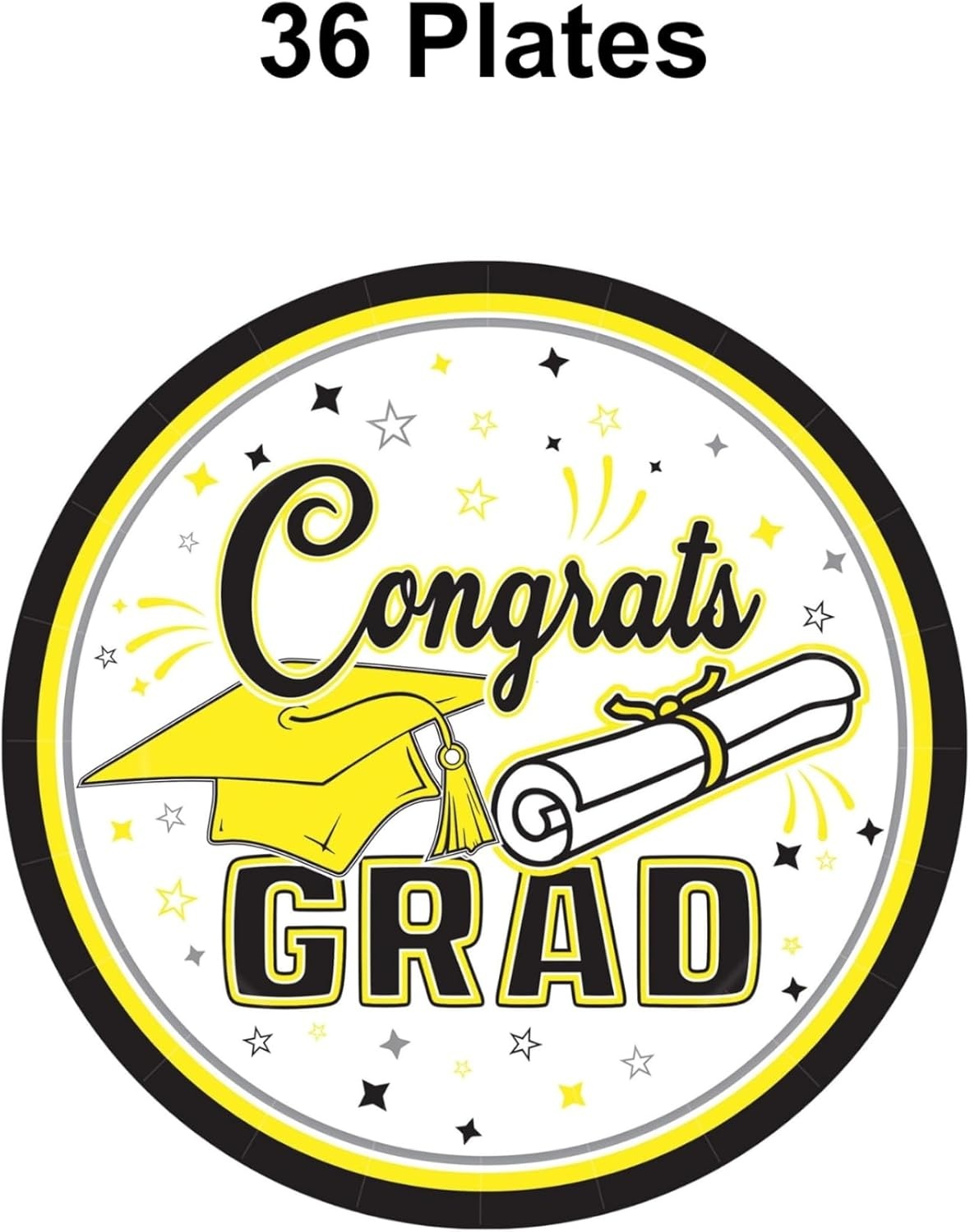 image:imageBeistle Yellow Congrats Grad Paper Plates 36 Pack Graduation Disposable Party Tableware with Cap and Diploma Design Round Dinner Plates for Commencement Celebrations and Graduate Parties 7Yellow Black White Gray