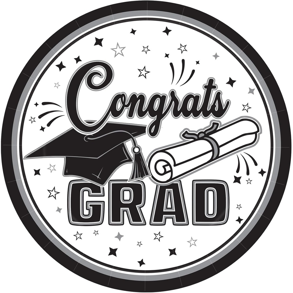 image:imageBeistle Black Congrats Grad Paper Plates 36 Pack Graduation Disposable Party Tableware with Cap and Diploma Design Round Dinner Plates for Commencement Celebrations and Graduate Parties 7