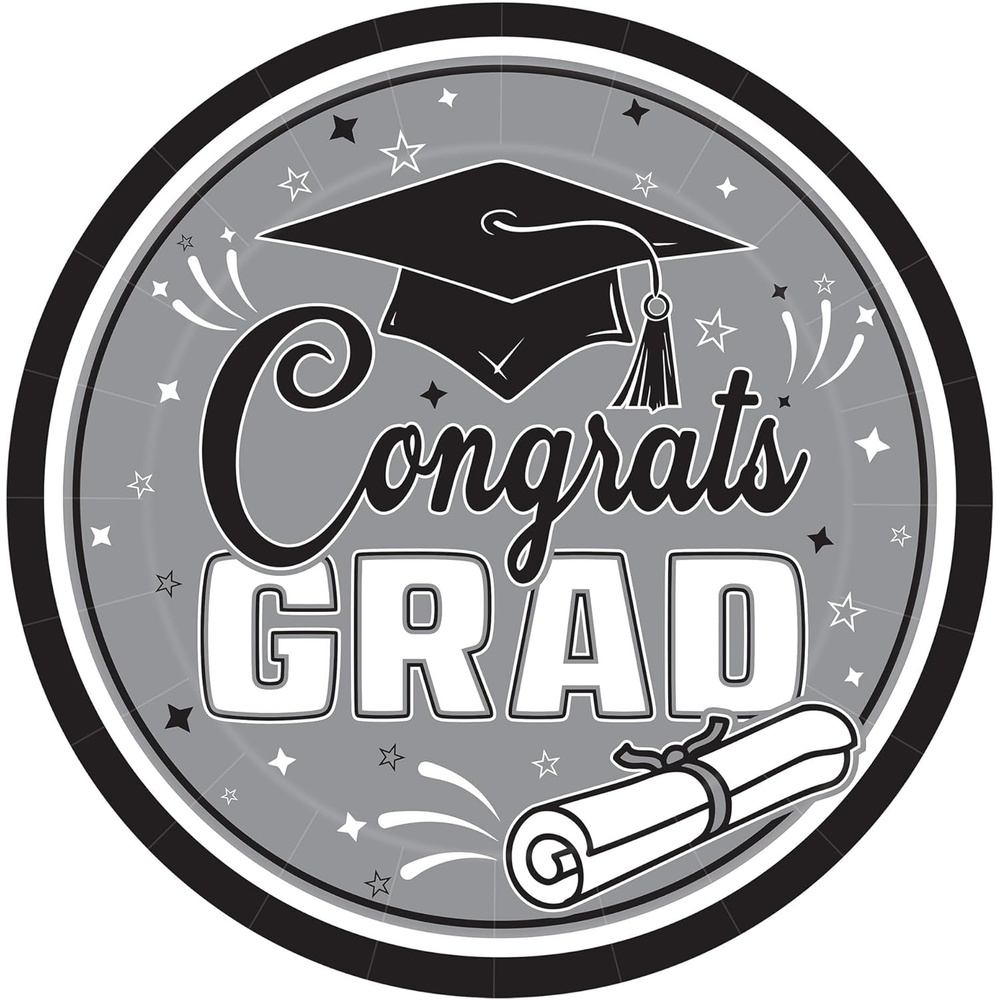 image:imageBeistle Black amp Gray Congrats Grad Paper Plates 18 Pack Graduation Disposable Party Tableware with Cap and Diploma Design Round Dinner Plates for Commencement Celebrations and Graduate Parties 9