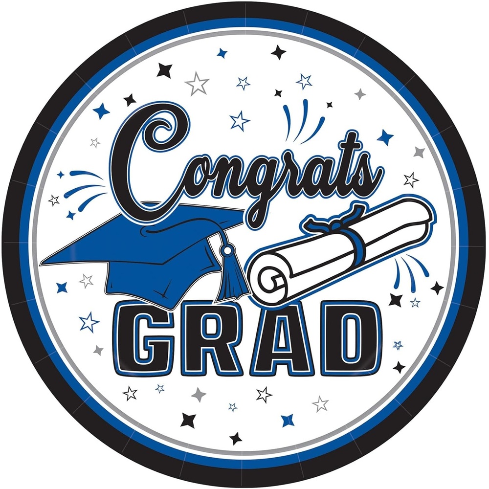 image:imageBeistle Blue Congrats Grad Paper Plates 36 Pack Graduation Disposable Party Tableware with Cap and Diploma Design Round Dinner Plates for Commencement Celebrations and Graduate Parties 7Blue Black White Gray