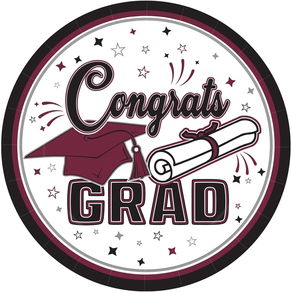 image:imageBeistle Burgundy Congrats Grad Paper Plates  36 Pack Graduation Disposable Party Tableware with Cap and Diploma Design Round Dinner Plates for Commencement Celebrations and Graduate Parties 7Burgundy  Black  White  Gray