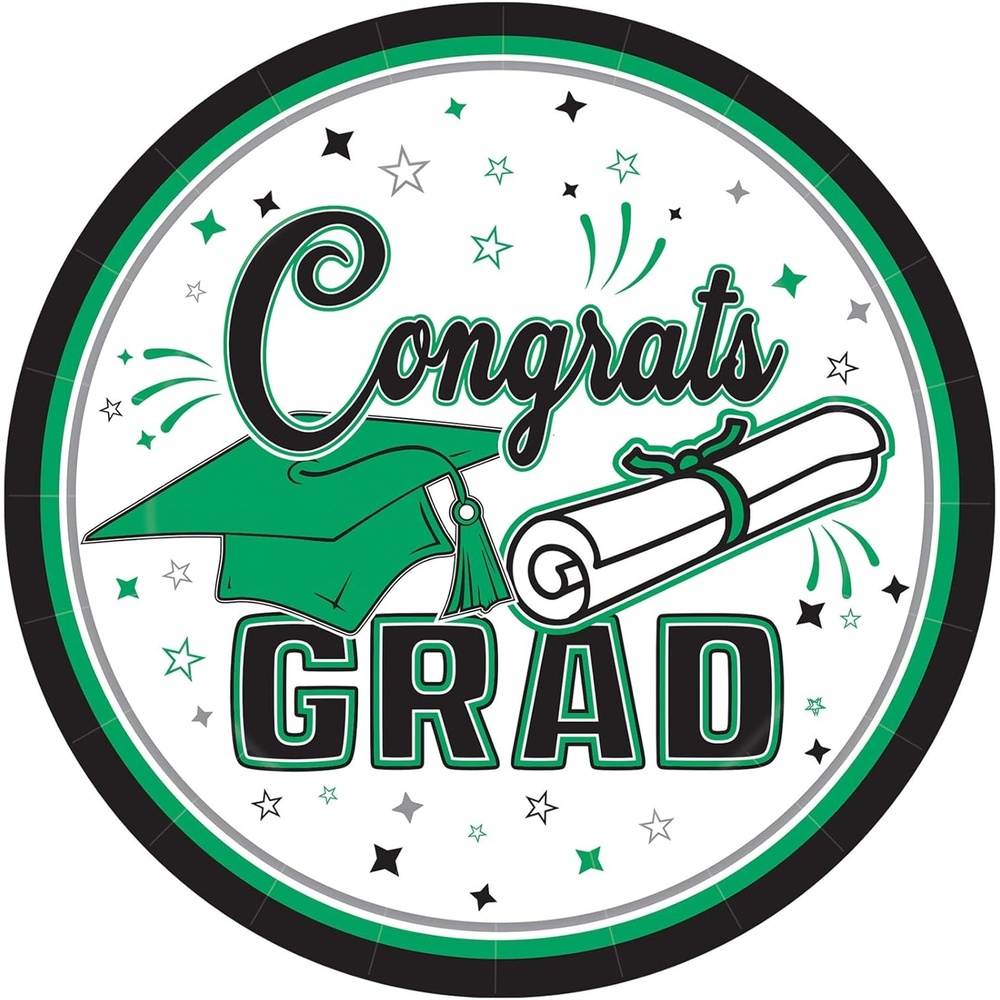 image:imageBeistle Green Congrats Grad Paper Plates 36 Pack Graduation Disposable Party Tableware with Cap and Diploma Design Round Dinner Plates for Commencement Celebrations and Graduate Parties 7Green Black White Gray