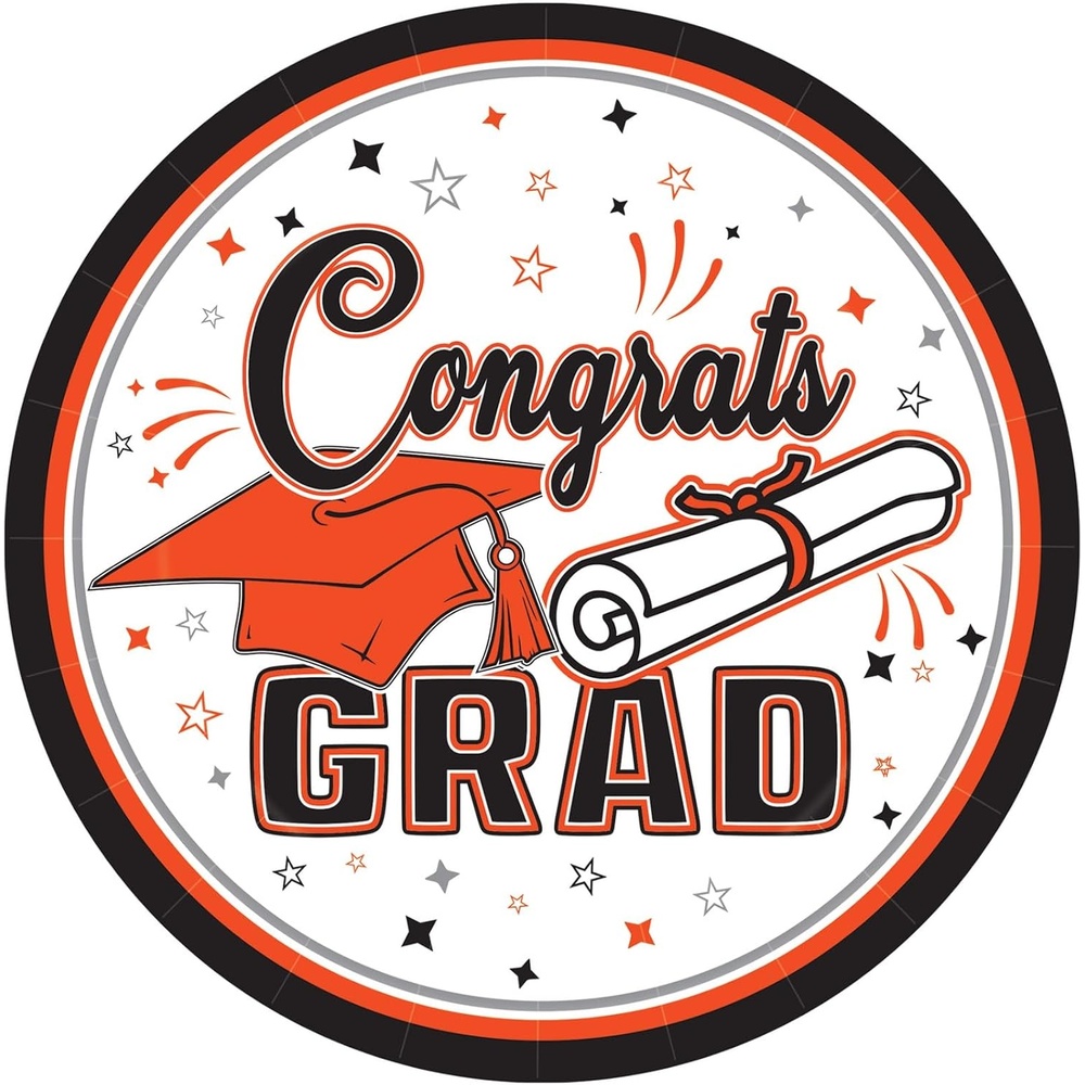 image:imageBeistle Orange Congrats Grad Paper Plates 18 Pack Graduation Disposable Party Tableware with Cap and Diploma Design Round Dinner Plates for Commencement Celebrations and Graduate Parties 9Orange Black White Gray