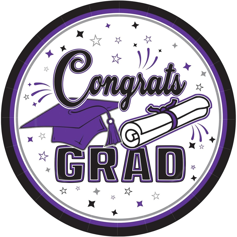 image:imageBeistle Purple Congrats Grad Paper Plates 36 Pack Graduation Disposable Party Tableware with Cap and Diploma Design Round Dinner Plates for Commencement Celebrations and Graduate Parties 7Purple Black White Gray