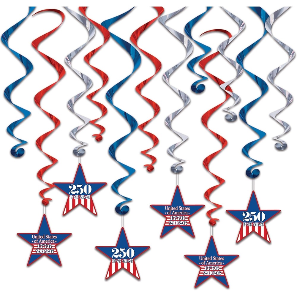 image:imageBeistle Semiquincentennial Whirls  12 Pack Red White amp Blue Hanging Swirl Decorations with 250th Anniversary Star Icons Patriotic Ceiling Dcor for USA 17762026 Parties amp Celebrations 1526