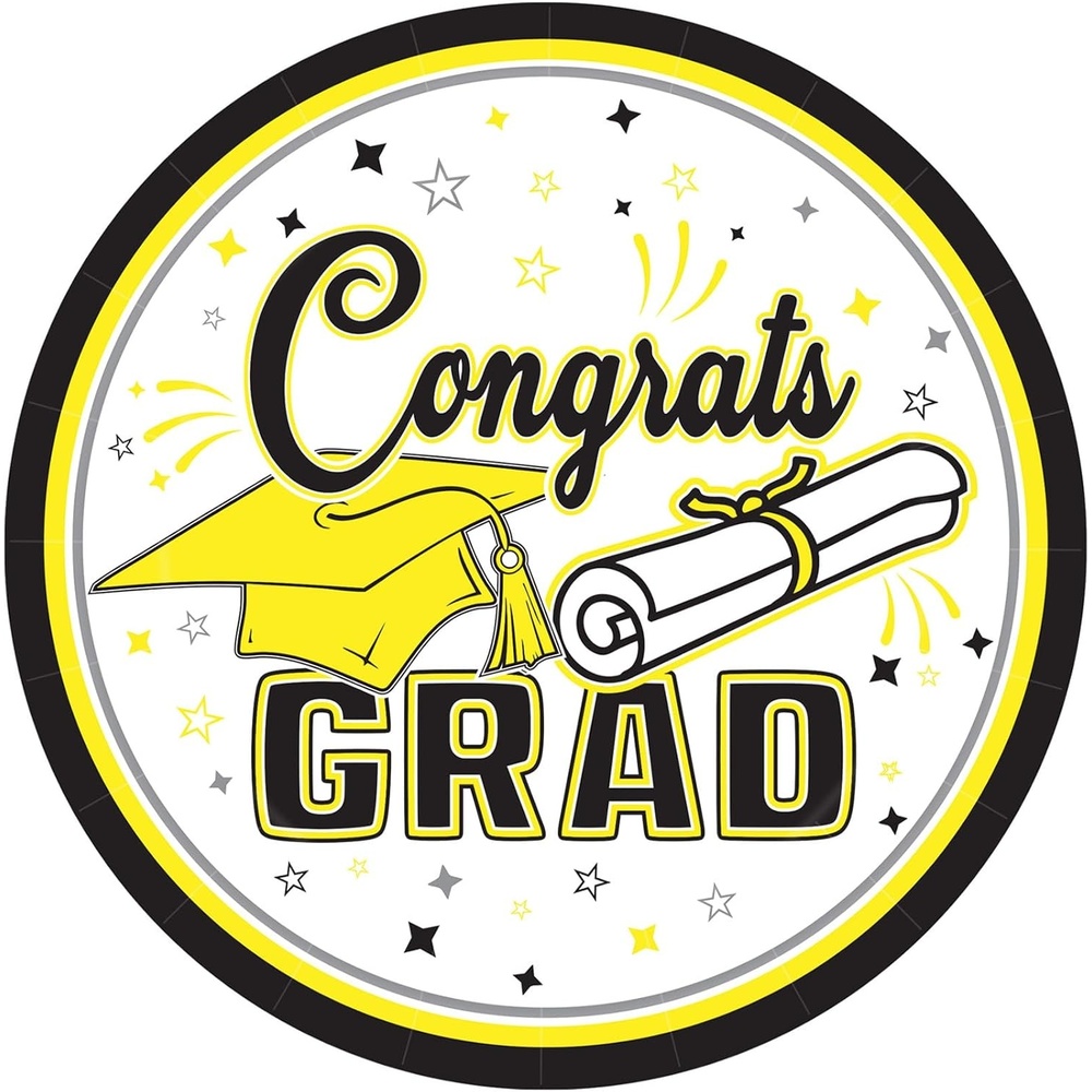 image:imageBeistle Yellow Congrats Grad Paper Plates 36 Pack Graduation Disposable Party Tableware with Cap and Diploma Design Round Dinner Plates for Commencement Celebrations and Graduate Parties 7Yellow Black White Gray