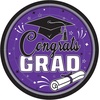Beistle Purple Congrats Grad Paper Plates – 36 Pack, Graduation Disposable Party Tableware with Cap and Diploma Design, Round Dinner Plates for Commencement Celebrations and Graduate Parties, 7″(Purple  Black  White & Gray)