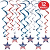 Beistle Semiquincentennial Whirls – 12 Pack, Red, White & Blue Hanging Swirl Decorations with 250th Anniversary Star Icons, Patriotic Ceiling Décor for USA 1776–2026 Parties & Celebrations, 15″–26¼”