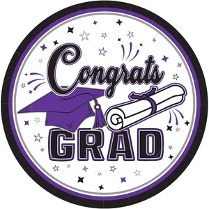 Beistle Purple Congrats Grad Paper Plates – 36 Pack, Graduation Disposable Party Tableware with Cap and Diploma Design, Round Dinner Plates for Commencement Celebrations and Graduate Parties, 7″(Purple  Black  White & Gray)
