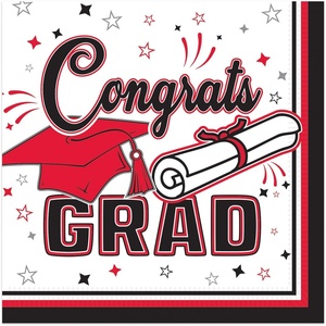 Beistle Red Congrats Grad Beverage Napkins – 72 Pack, 2-Ply Graduation Party Tableware, Disposable Paper Napkins, Commencement Celebration Dining Supplies, Class Event Banquet Table Setting, 5″