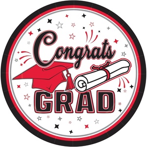 Beistle Red Congrats Grad Paper Plates – 36 Pack, Graduation Disposable Party Tableware with Cap and Diploma Design, Round Dinner Plates for Commencement Celebrations and Graduate Parties, 7″(Red  Black  White & Gray)