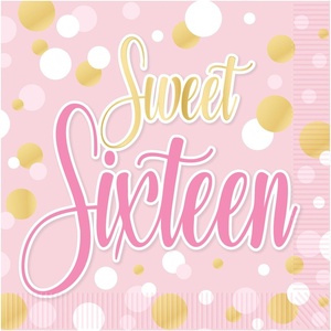 Beistle Sweet 16 Luncheon Napkins – 32 Pack, 2-Ply Pink & Gold Sixteen Birthday Party Tableware, Disposable Paper Napkins for Milestone Celebration Events, Dessert Table Setting Serviettes, 6½”